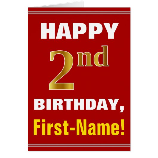 Bold, Red, Faux Gold 2nd Birthday w/ Name Card (Front)