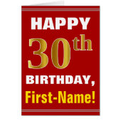 Bold, Red, Faux Gold 30th Birthday w/ Name Card (Front)