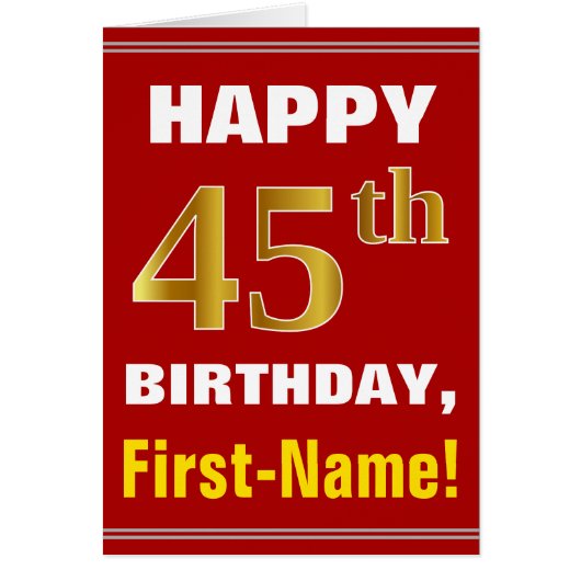 Bold, Red, Faux Gold 45th Birthday w/ Name Card (Front)