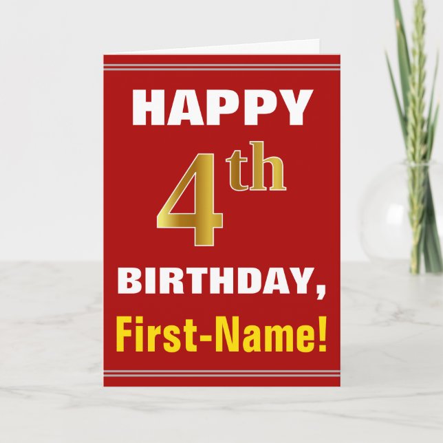 Bold, Red, Faux Gold 4th Birthday w/ Name Card (Front)