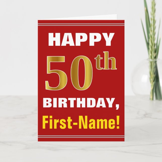 Bold, Red, Faux Gold 50th Birthday w/ Name Card (Front)