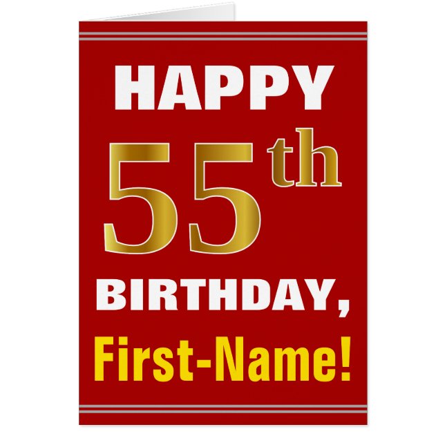 Bold, Red, Faux Gold 55th Birthday w/ Name Card (Front)