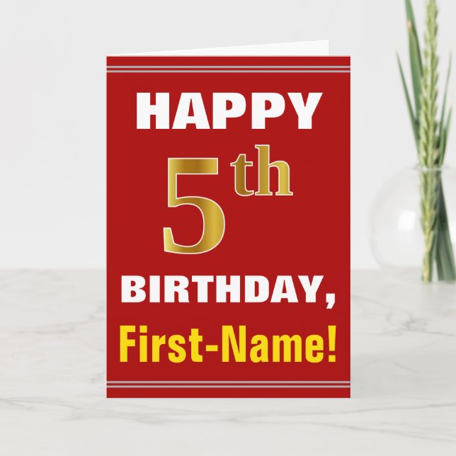 Bold, Red, Faux Gold 5th Birthday w/ Name Card (Front)