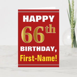 Bold, Red, Faux Gold 66th Birthday w/ Name Card
