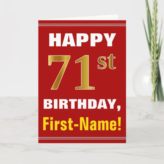Bold, Red, Faux Gold 71st Birthday w/ Name Card (Front)