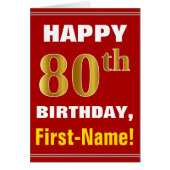Bold, Red, Faux Gold 80th Birthday w/ Name Card (Front)