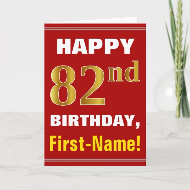 Bold, Red, Faux Gold 82nd Birthday w/ Name Card (Front)