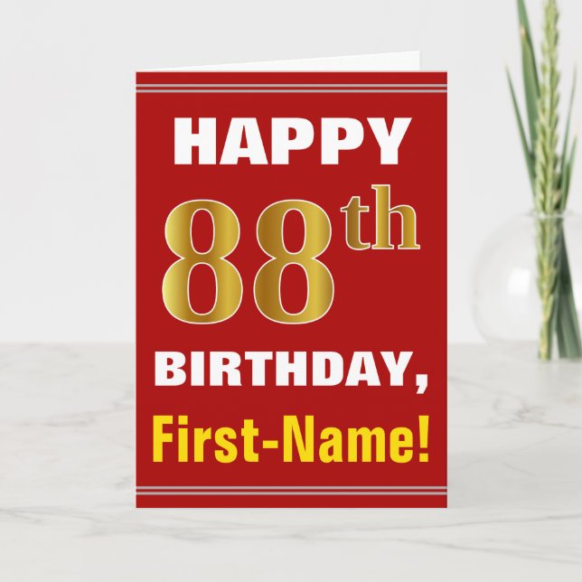 Bold, Red, Faux Gold 88th Birthday w/ Name Card (Front)