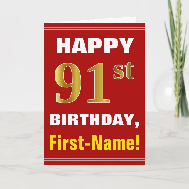 Bold, Red, Faux Gold 91st Birthday w/ Name Card (Front)