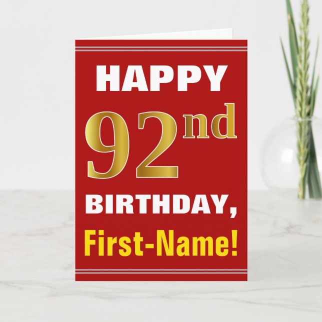 Bold, Red, Faux Gold 92nd Birthday w/ Name Card (Front)