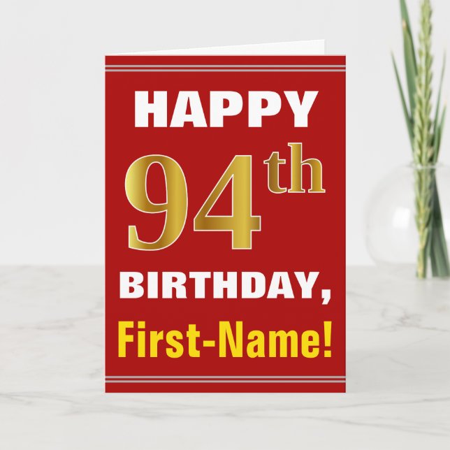 Bold, Red, Faux Gold 94th Birthday w/ Name Card (Front)