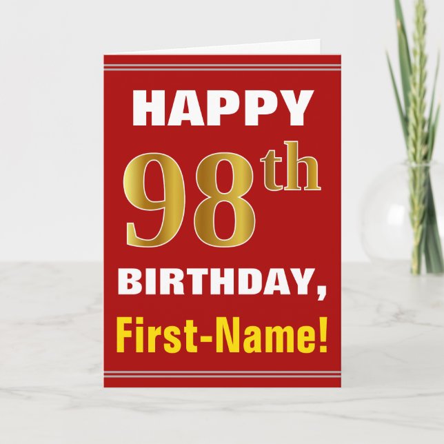 Bold, Red, Faux Gold 98th Birthday w/ Name Card (Front)