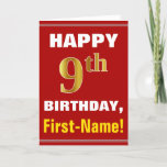 [ Thumbnail: Bold, Red, Faux Gold 9th Birthday W/ Name Card ]