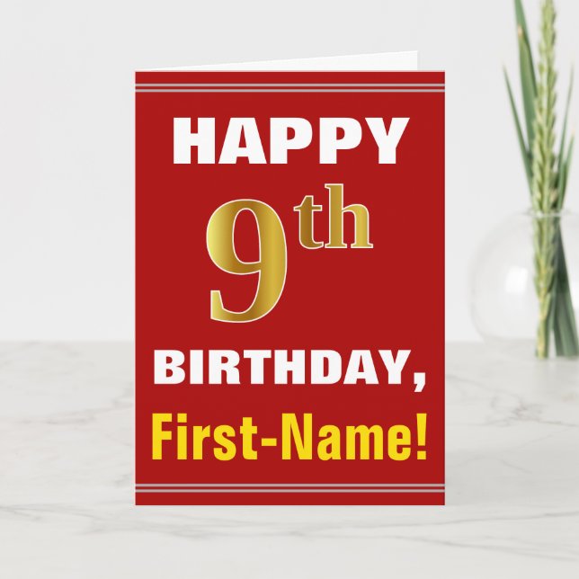 Bold, Red, Faux Gold 9th Birthday w/ Name Card (Front)