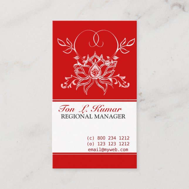 Bold Red Floral Drawing White  Lotus Flower Business Card (Front)