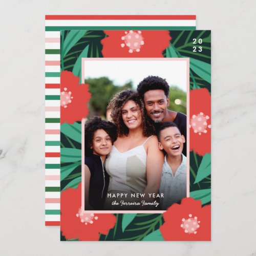 Bold Red Floral Frame New Year Photo  Holiday Card