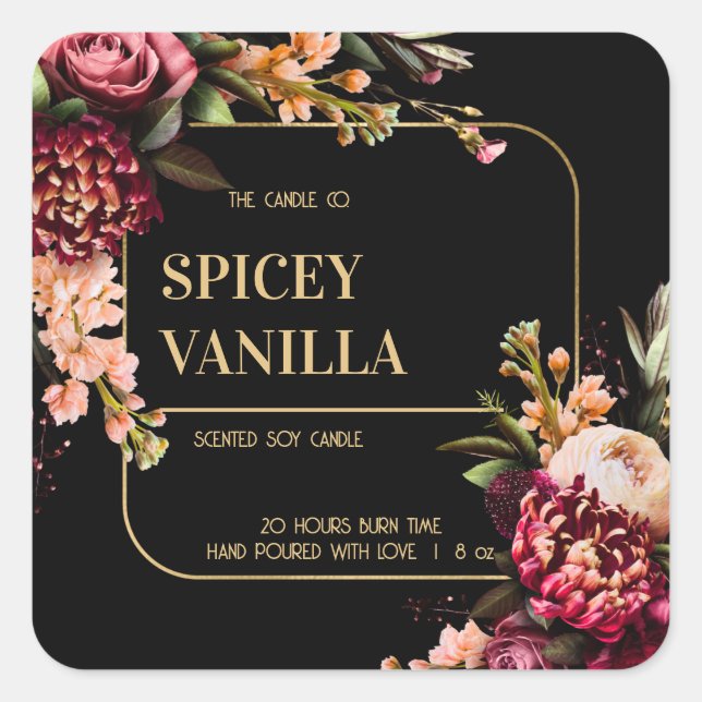 Bold Red Floral Gold Luxury Soy Candle Label (Front)
