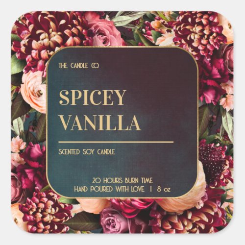 Bold Red Floral Gold Luxury Soy Candle Label