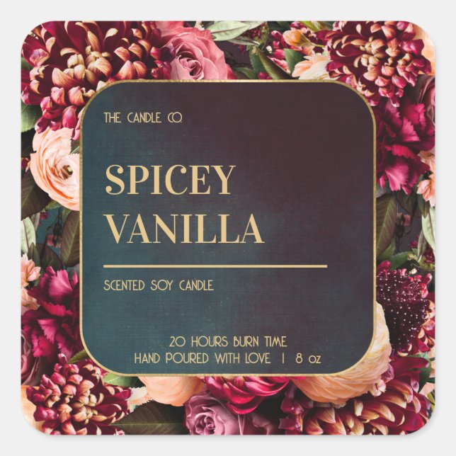 Bold Red Floral Gold Luxury Soy Candle Label (Front)