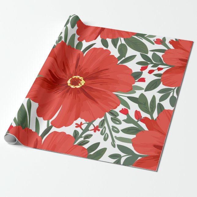 Bold Red Floral Pattern with Lush Green Leaves Wrapping Paper (Unrolled)