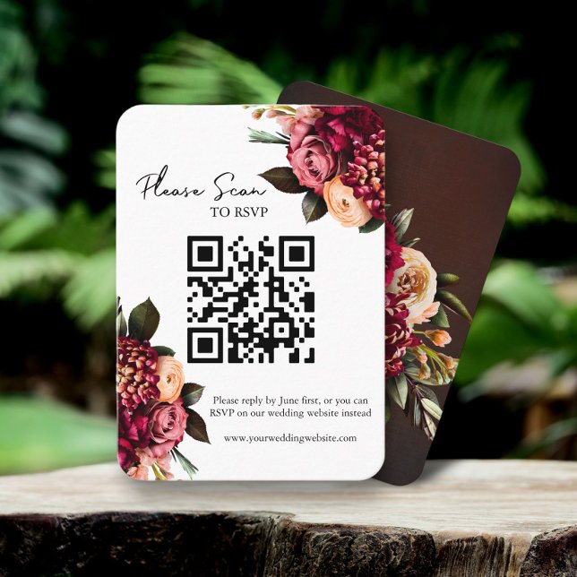Bold Red Floral QR Code Wedding RSVP Place Card (Creator Uploaded)