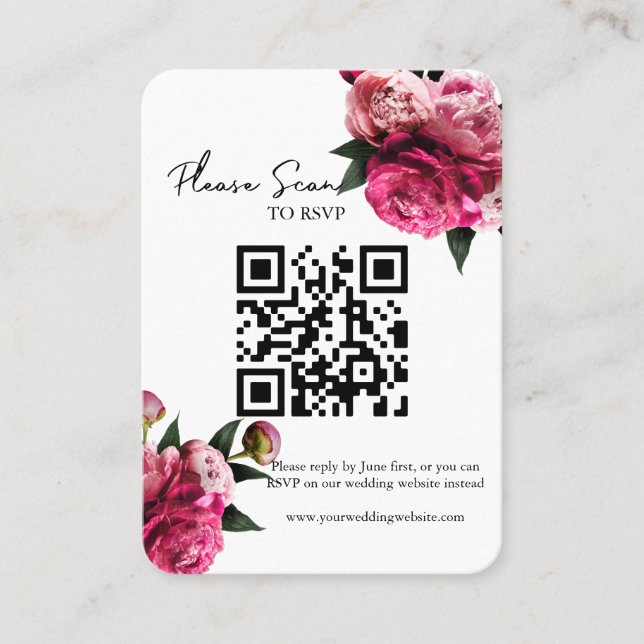 Bold Red Floral QR Code Wedding RSVP Place Card (Front)