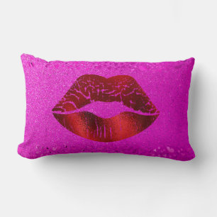 Bold Red Foil Lips Modern Simple Chic Pink Glitter Lumbar Pillow