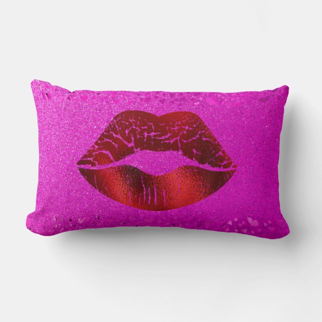 Bold Red Foil Lips Modern Simple Chic Pink Glitter Lumbar Pillow (Front)