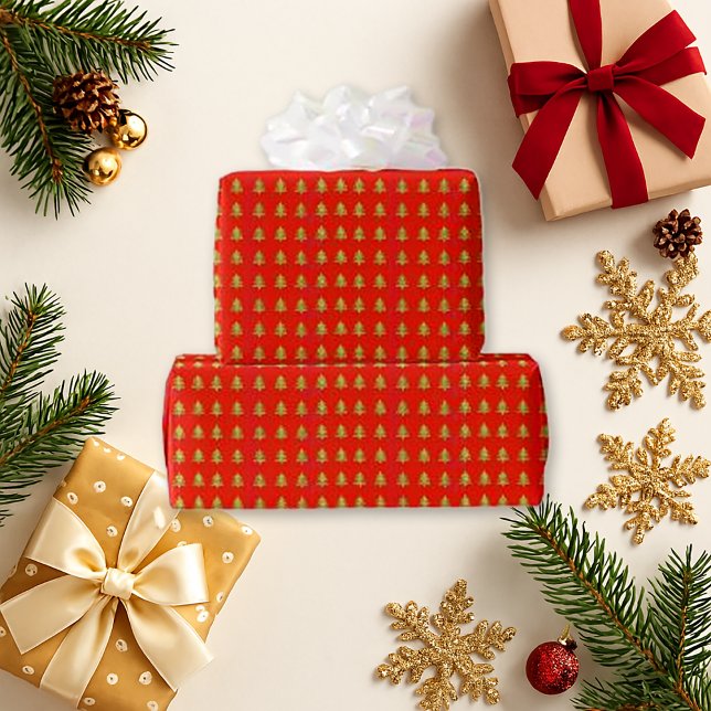 Bold Red Gold Christmas Tree Pattern  Wrapping Paper (Creator Uploaded)