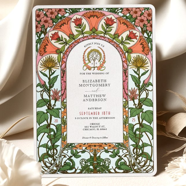 Bold Red & Golden Florals Art Nouveau Wedding Invitation (Creator Uploaded)