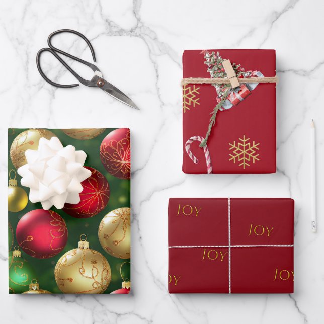 Bold Red Green Gold Christmas Ornaments  Wrapping Paper Sheets (Front)