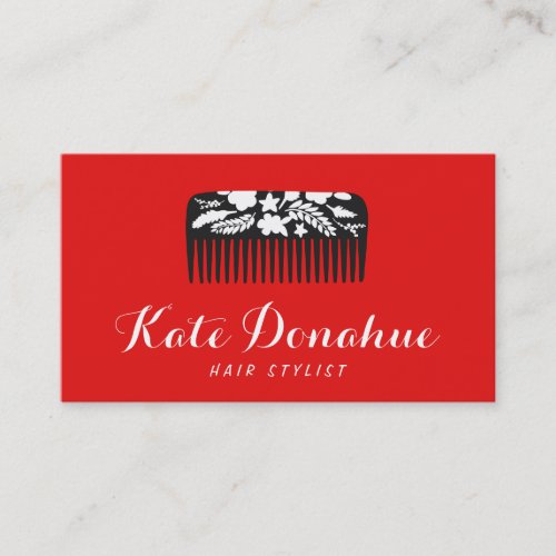 Bold Red Hairstylist Floral Comb Hair Salon Business Card