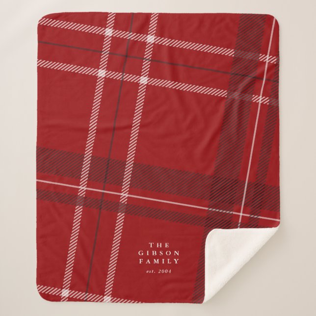 Bold red holiday plaid personalized family sherpa blanket (Front)
