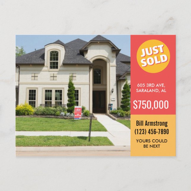 Bold Red Just Sold house real estate advert Postcard (Front)