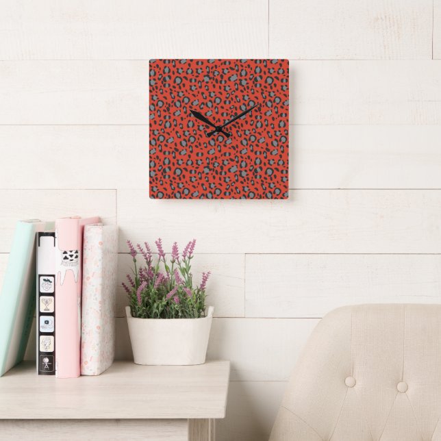 Bold Red Leopard Animal Print Glam 1 Square Wall Clock (Reading Room)