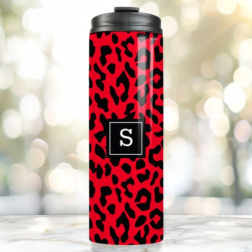 Bold Red Leopard Animal Print Monogram Thermal Tumbler