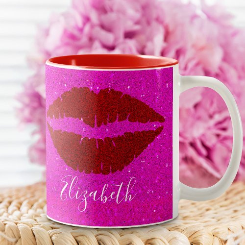 Bold Red Lips on Hot Pink Glitter Custom Name Love Two_Tone Coffee Mug