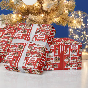 Bold Red Merry Christmas Photo Collage 2025 Wrapping Paper