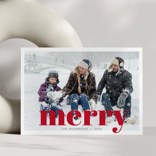 Bold Red Merry Christmas Typography Modern Photo Holiday Card