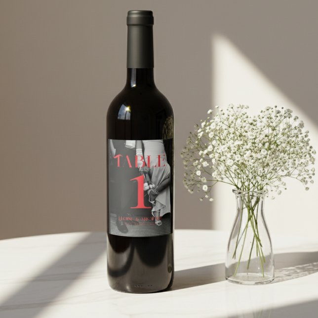 Bold Red Modern Black and White Photo Wedding  Wine Label (Make a striking statement at your reception with this bold photo table number card!)
