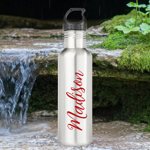 Bold Red Name Handwritten Script Custom Stainless Steel Water Bottle