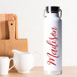 Bold Red Name Handwritten Script Custom Water Bottle<br><div class="desc">A bold red personalized monogram water bottle for a girl or guy who loves simple,  handwritten gifts. Beautiful cursive script down the side of your bottle spelling out your name.</div>
