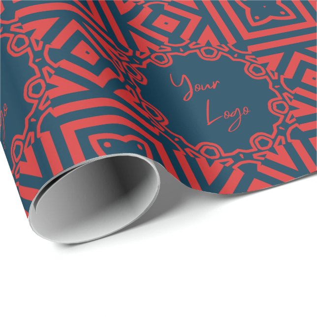Bold Red on Navy Pattern Custom Business Logo  Wrapping Paper (Roll Corner)