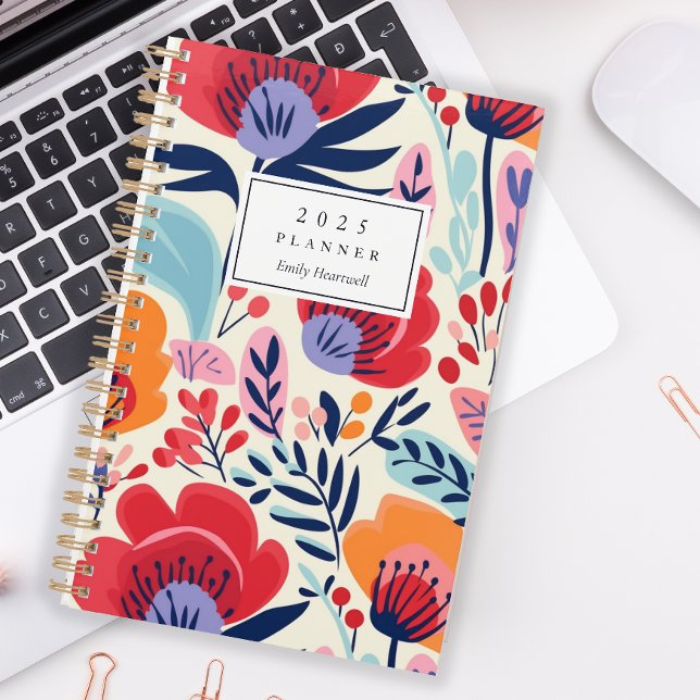 Bold Red Orange Floral Pattern Personalized 2025 Planner (Creator Uploaded)
