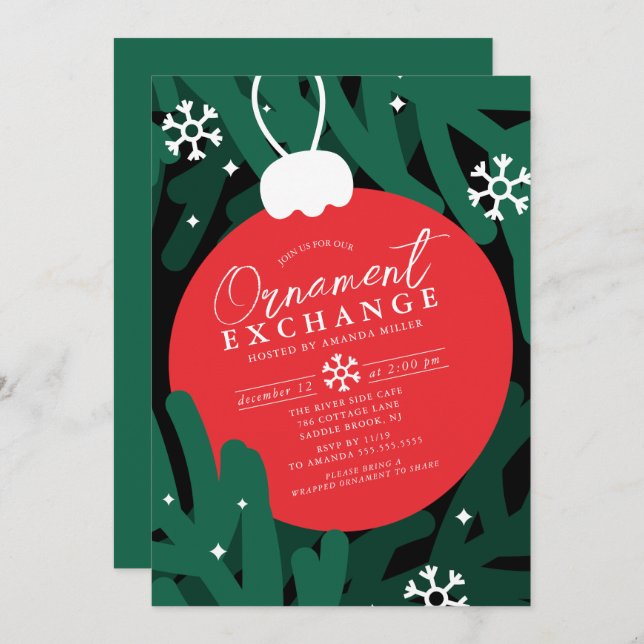 Bold Red Ornament Exchange Invitation (Front/Back)
