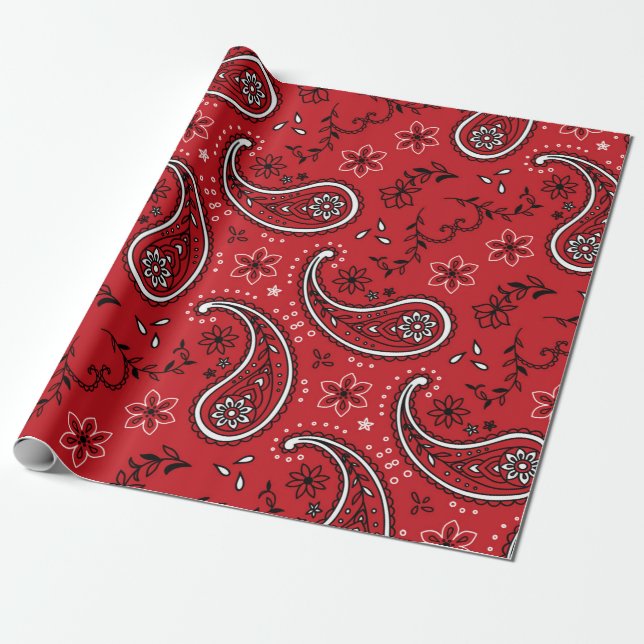 Bold Red Paisley Pattern with Floral Accent Wrapping Paper (Unrolled)