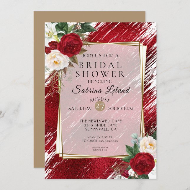 Bold Red Peonies and Crimson Paint Stroke Invitation (Front/Back)