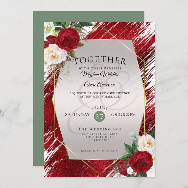 Bold Red Peonies Crimson Paint Stroke Invitation (Front/Back)