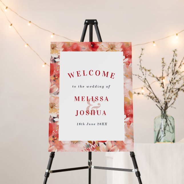 Bold Red & Pink Flowers Photo Wedding Welcome Foam Board (In Situ (Stand))