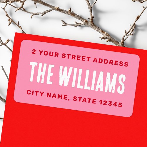 Bold red pink white return address label